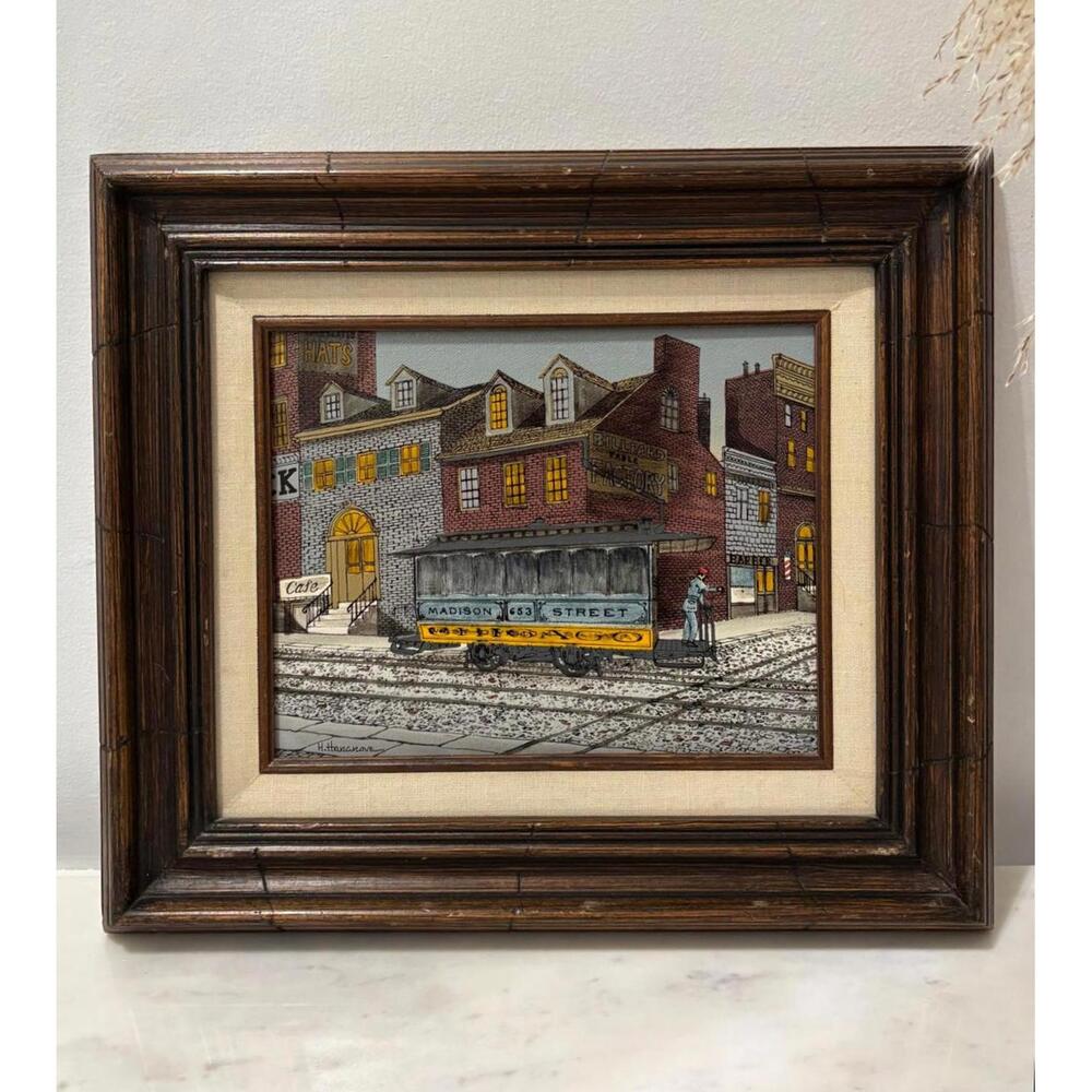 H. Hargrove Framed Folk Art Print Chicago Street Trolley Scene | Americana